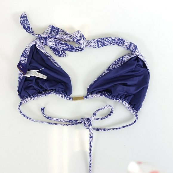 MAR Women Navy Blue Bikini Top MEDIUM Triangle Halter Strappy‎ Front Gold buckle - Picture 6 of 10